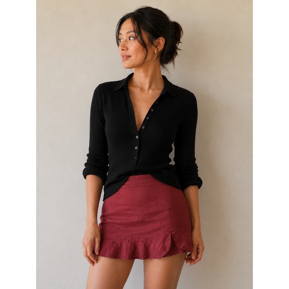 Abercrombie & Fitch Linen Blend Mini Skirt Burgundy Ruffle Hem XS - Picture 2 of 6